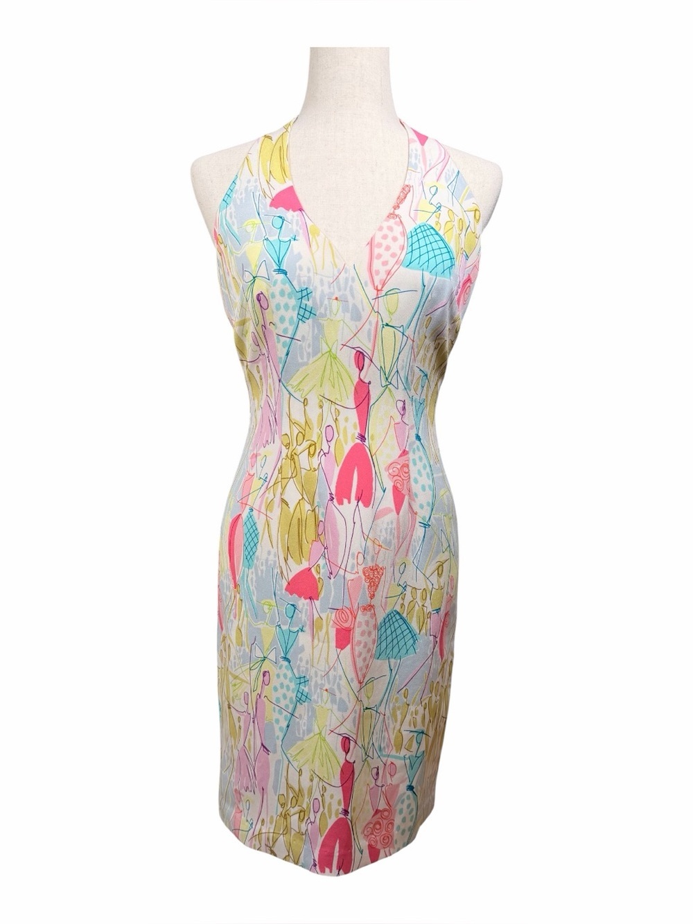 Silk Print Mid-Century Y2K Halter Dress Pastels Lined David Meister